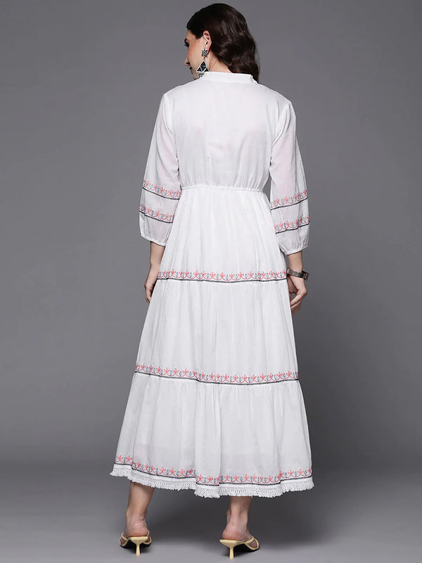 Women's White Embroidered A-Line Ethnic Dress - Navyaa