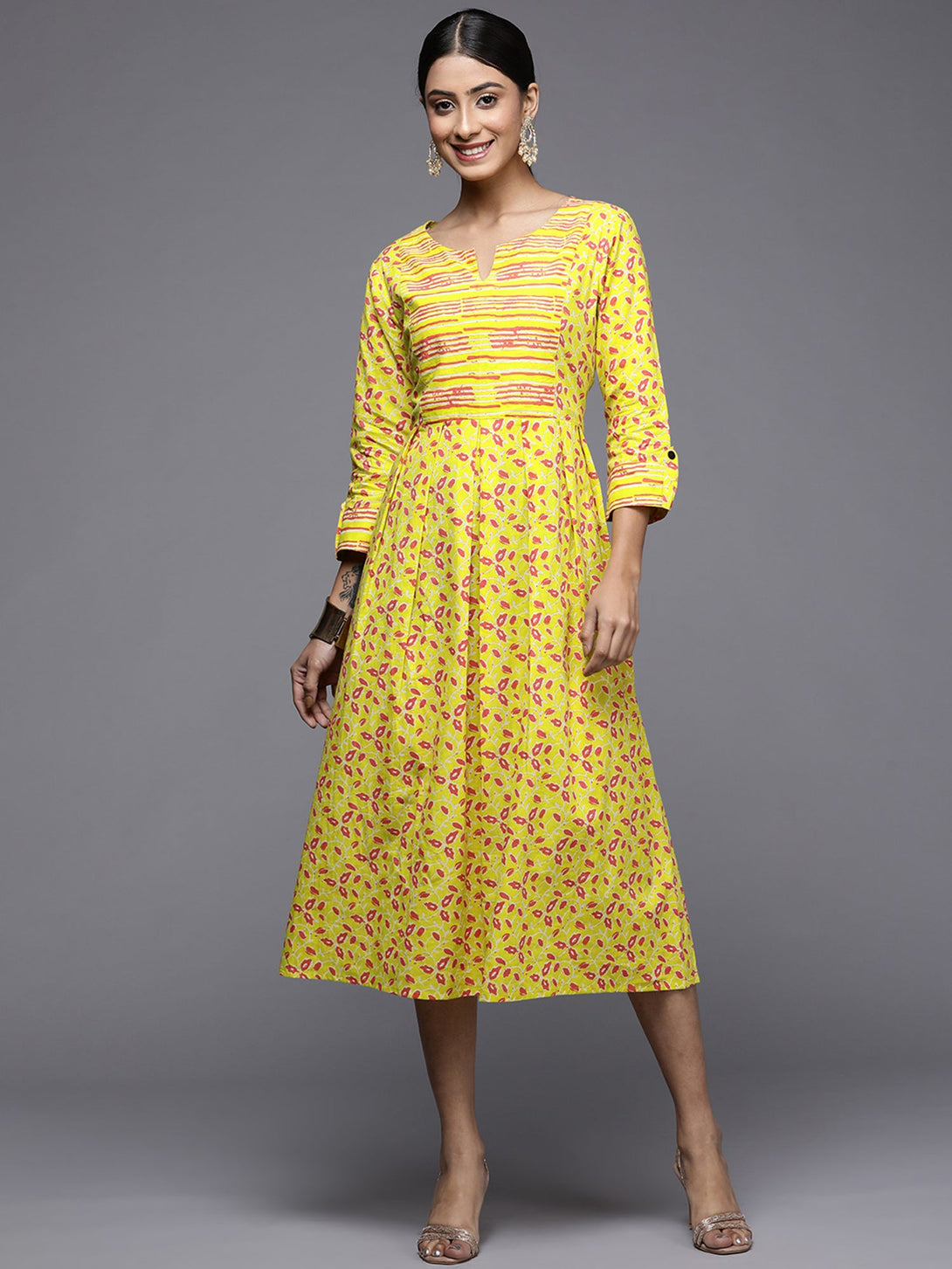 Women's Yellow A-Line Printed Dress - Indo Era