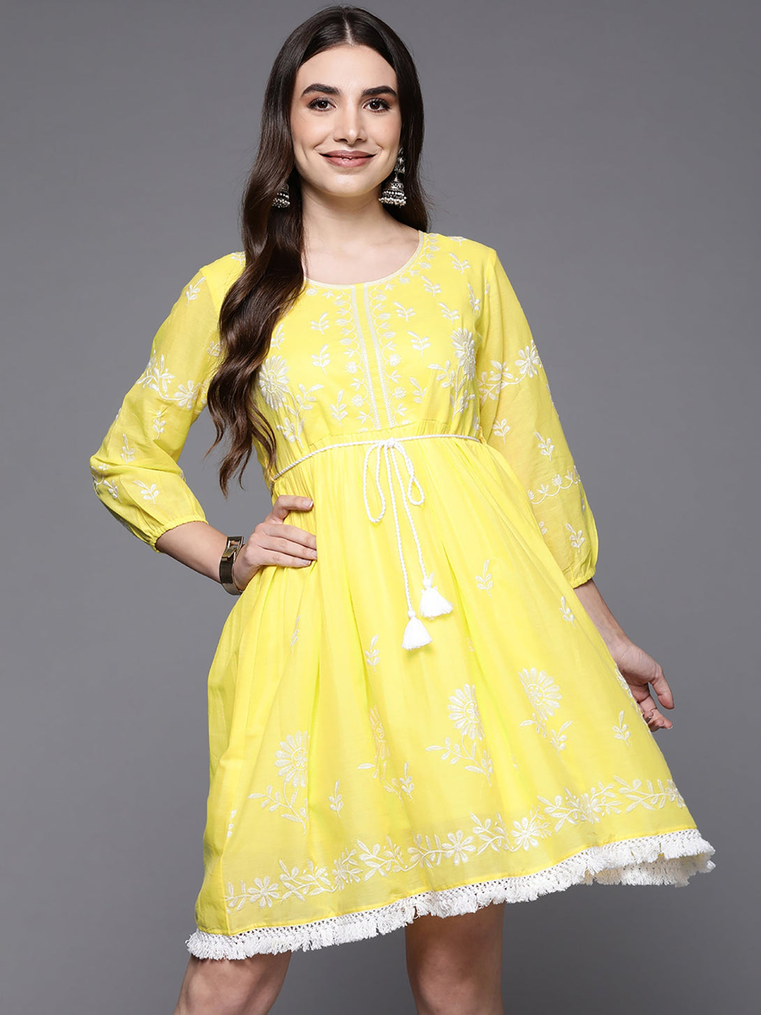 Women's Yellow Embroidered A-Line Ethnic Dress - Indo Era