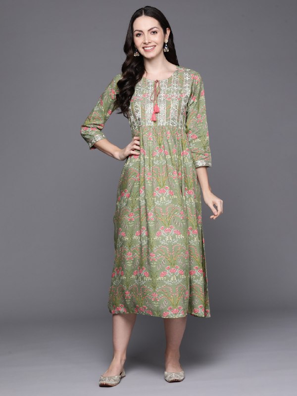 Women's Ethnic Motifs Print A-Line Midi Dress - Navyaa