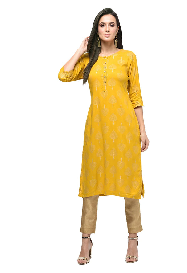 Women's Yellow Rayon Printed Kurta - Myshka