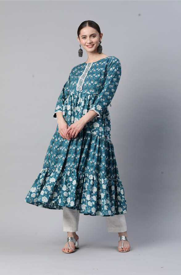 Women's Floral Printb & Lace Work Anarkali Cotton Teal Blue Stitched Kurta - Vbuyz