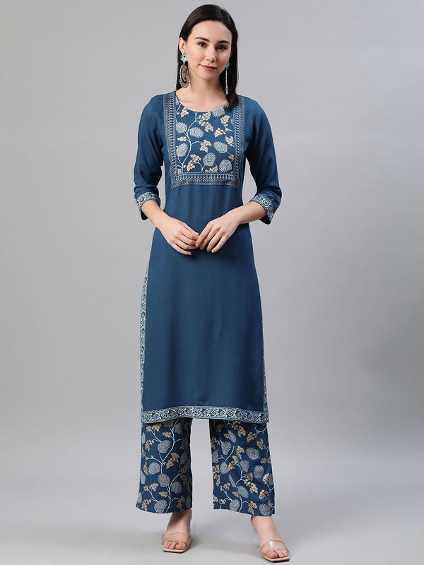 Women Teal Blue Kurta and Palazzo Set by Ziyaa (2 Pc Set)