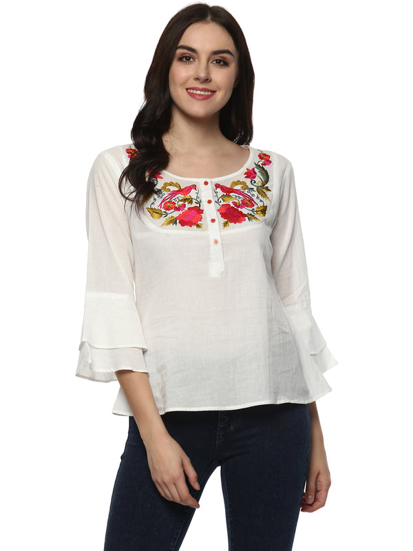 Jashvi White  Embroidered A-Line Top