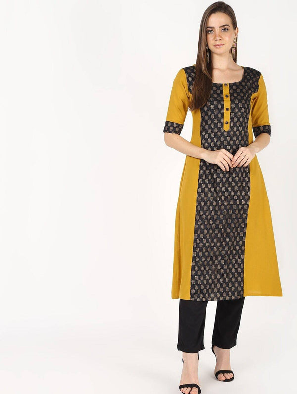 Women's Mustard Front Printed Plain A-Line Kurta Only - Cheera