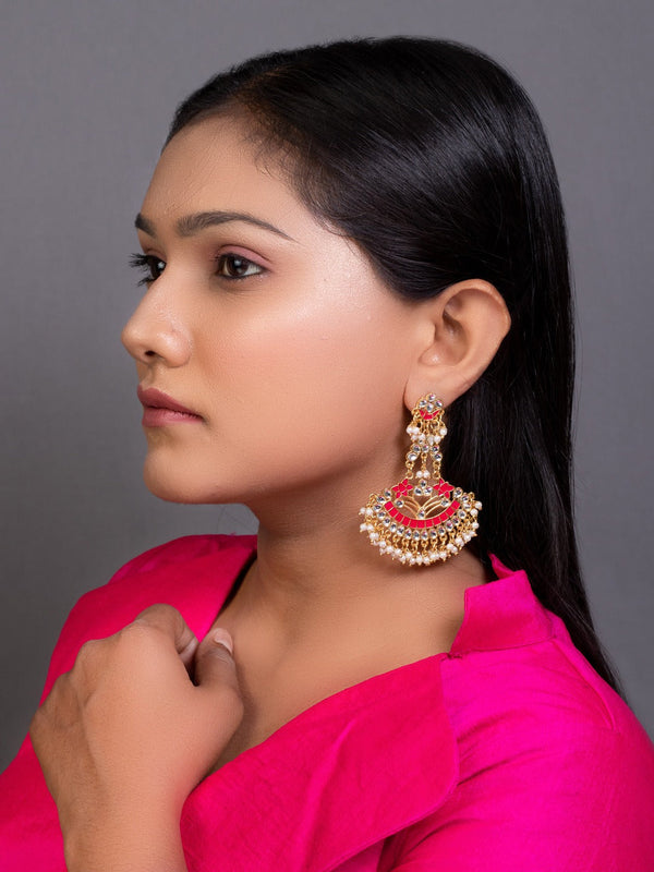 Women's Gold-Toned & Pink Crescent Shaped Chandbalis - Morkanth