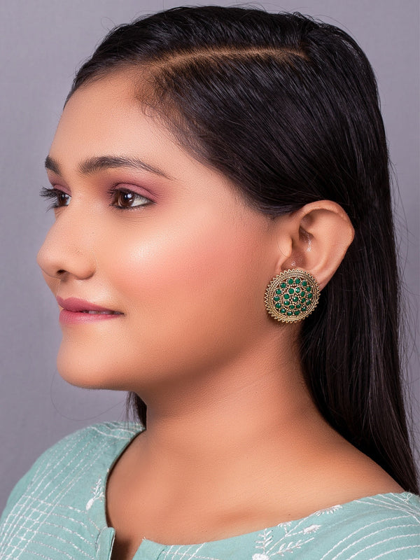 Women's Green Gold Plated Circular Artificial Beaded Handcrafted Studs Earrings - Morkanth