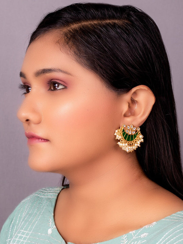 Women's Green & Gold-Toned Contemporary Studs Earrings - Morkanth