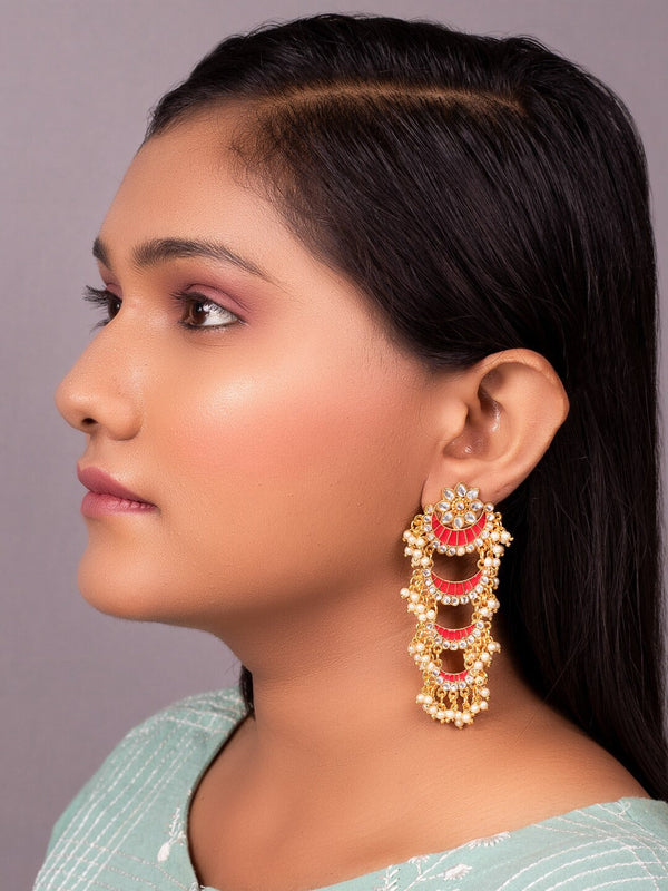 Women's Gold-Toned Pink Enamel Kundan Studded & Pearl Beaded Chandbali Earrings - Morkanth