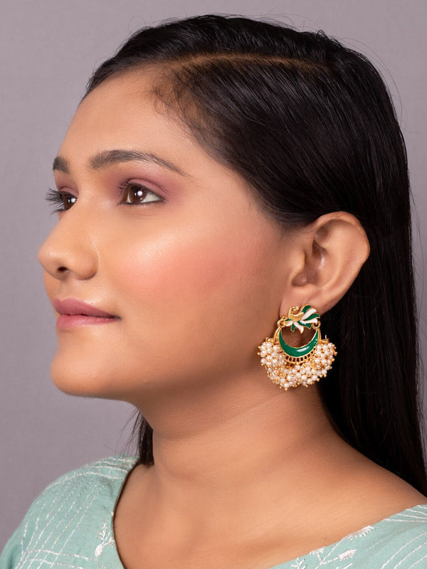 Women's Green Gold-Toned Pearl Beaded Enamelled Peacock Shaped Chandbali Earring - Morkanth