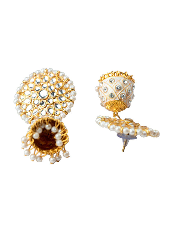 Women's White & Gold-Plated Kundan Dome Shaped Jhumkas Earrings - Morkanth