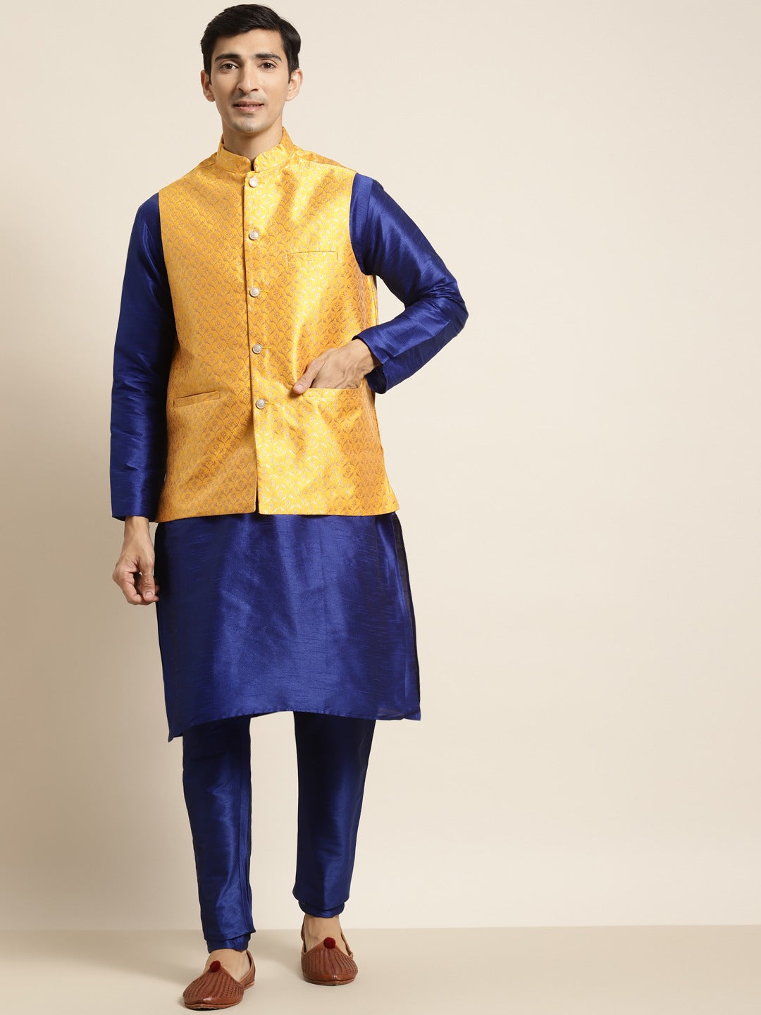 Men's Silk Blend Royal Blue Kurta Pyjama & Silk Blend Mustard Self Design Nehrujacket - Sojanya