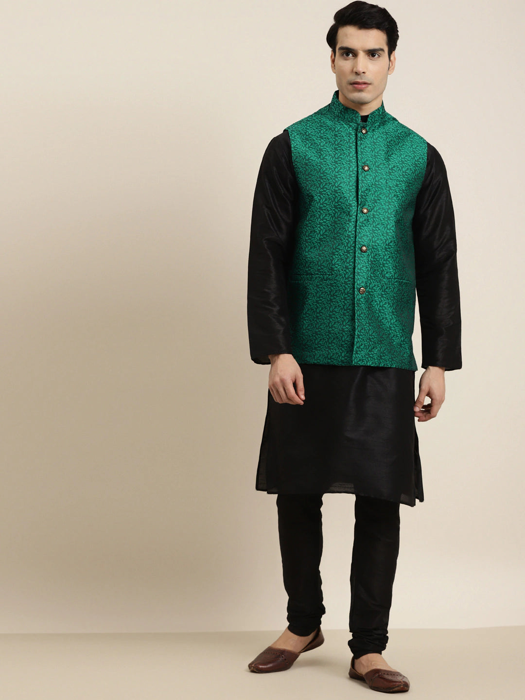 Men's Silk Blend Black Kurta Pyjama & Silk Blend Dark Green Self Design Nehrujacket - Sojanya