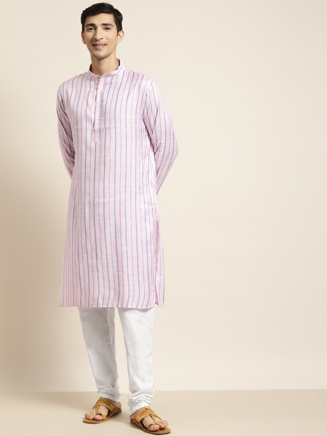 Men's Cotton Pink Kurta & White Churidar Pyjama Set - Sojanya