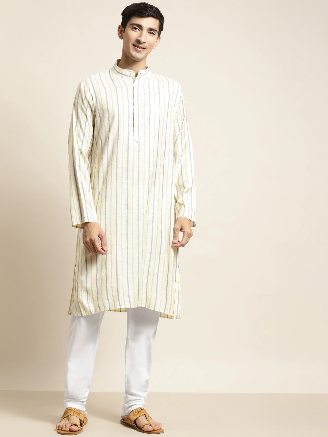 Men's Cotton Lemon Yellow Kurta & White Churidar Pyjama Set - Sojanya