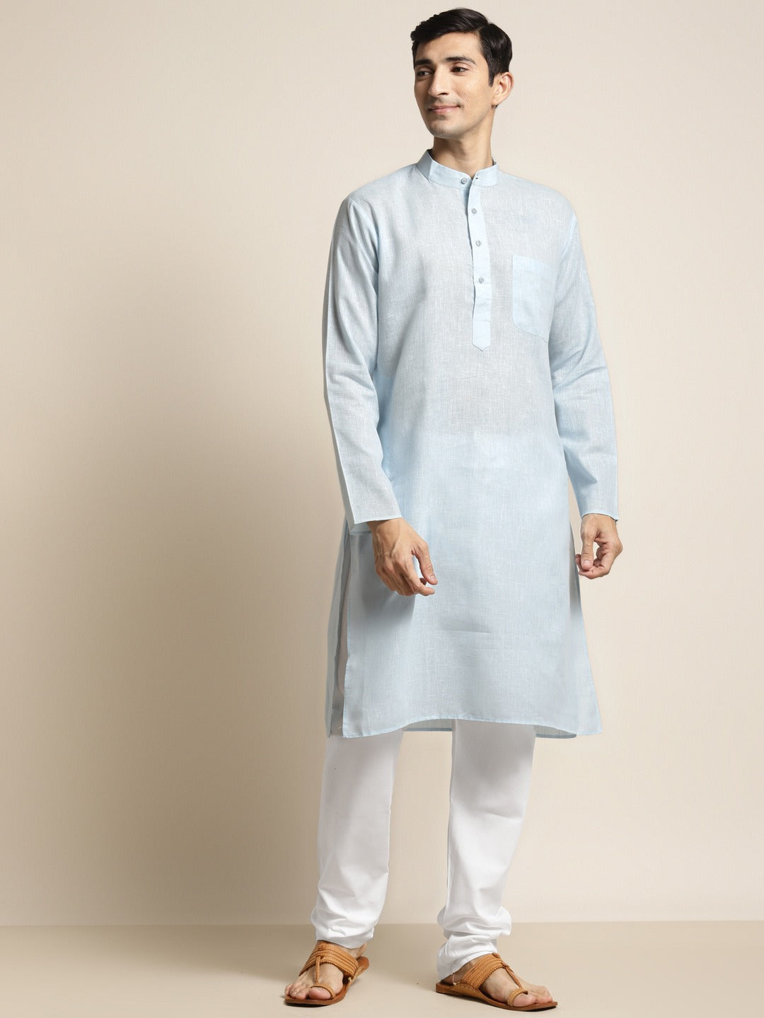 Men's Cotton Linen Sky Blue Kurta & White Churidar Pyjama Set - Sojanya