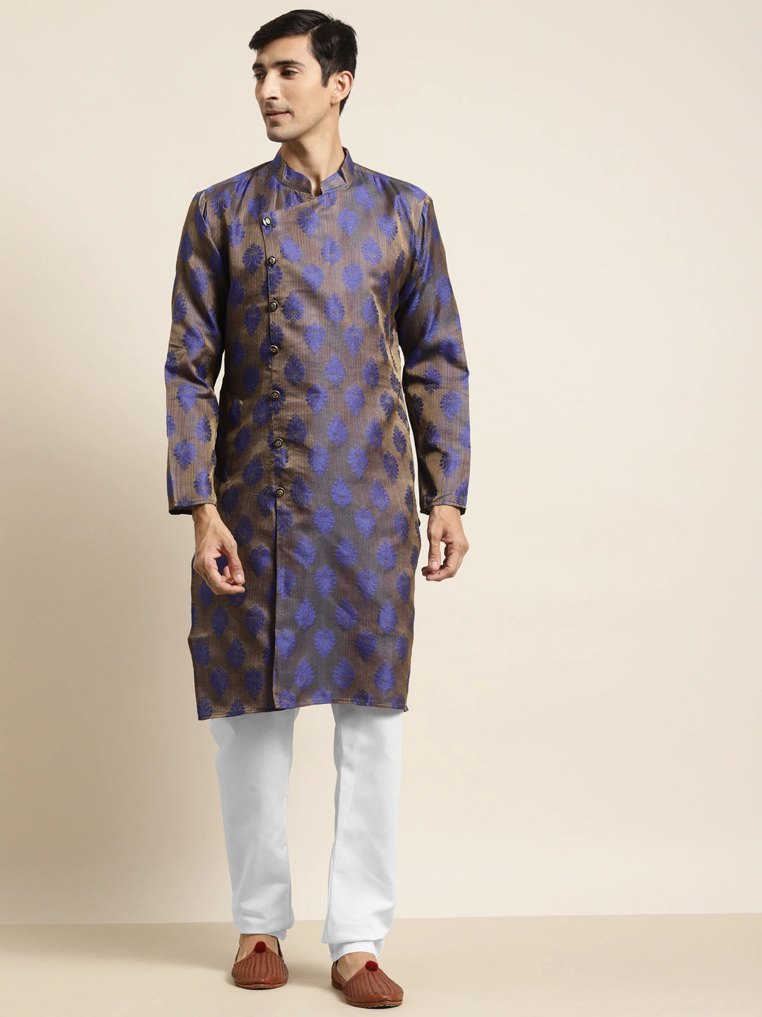 Men's Jacquard Silk Blue Kurta & Off-White Churidar Pyjama Set - Sojanya