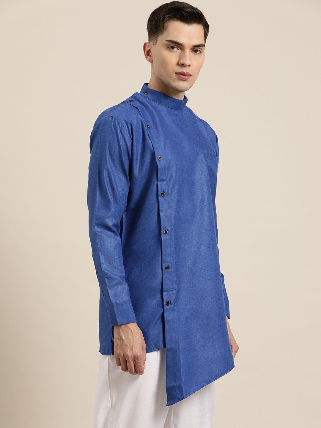 Men's Cotton Blend Asymmetric Royal Blue Short Kurta - Sojanya