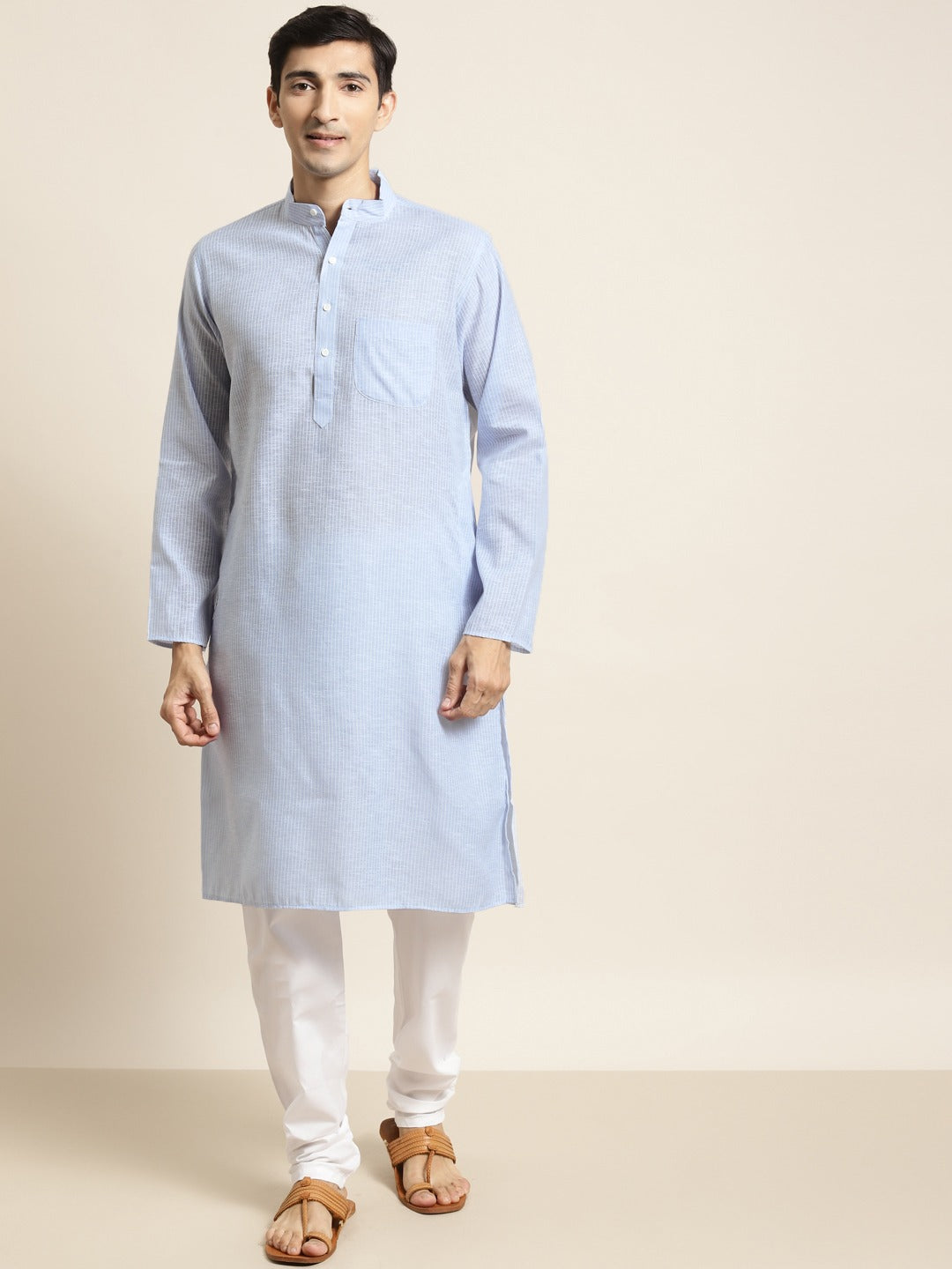 Men's Cotton Sky Blue Striped Kurta & White Churidar Pyjama Set - Sojanya