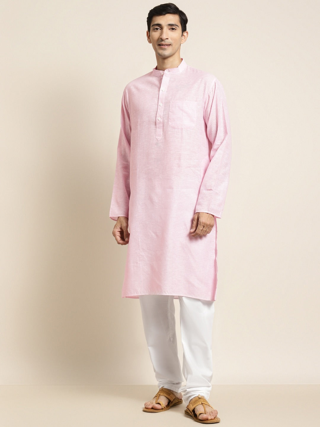 Men's Cotton Pink Striped Kurta & White Churidar Pyjama Set - Sojanya