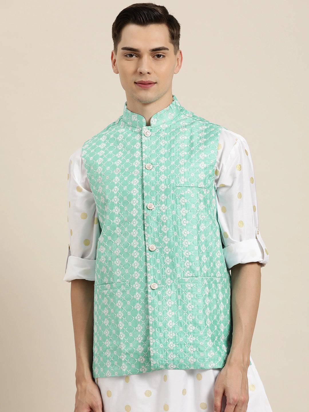 Men's Silk Blend Sea Green Embroidered Only Nehrujacket - Sojanya