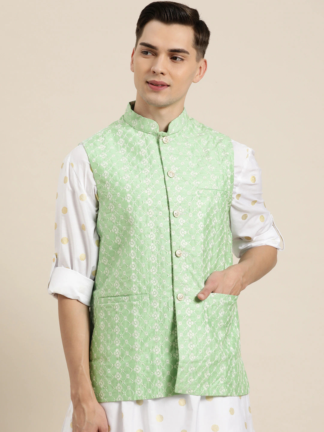 Men's Silk Blend Light Green Embroidered Only Nehrujacket - Sojanya