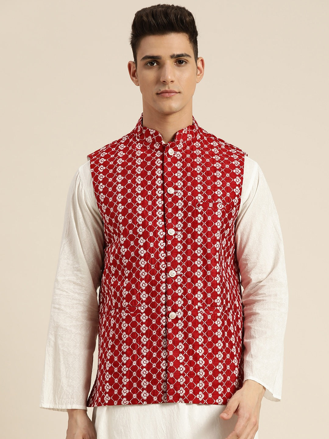 Men's Silk Blend Maroon Embroidered Only Nehrujacket - Sojanya