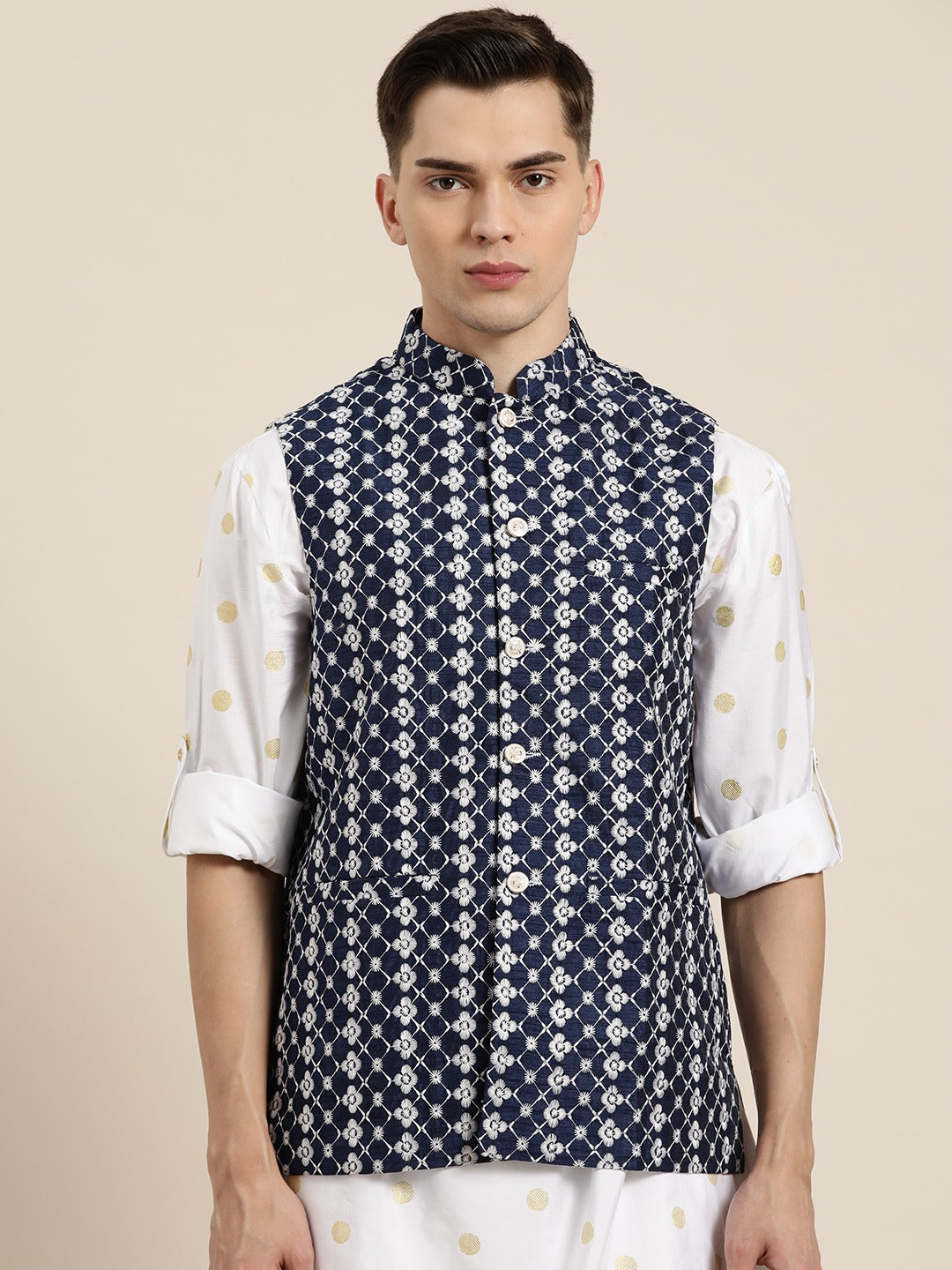 Men's Silk Blend Navy Blue Embroidered Only Nehrujacket - Sojanya