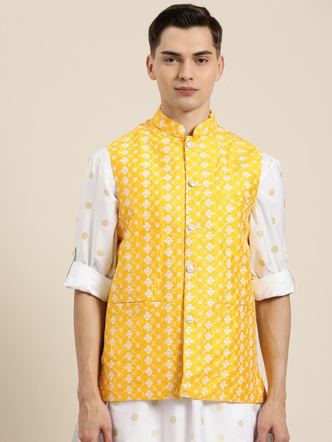 Men's Silk Blend Yellow Embroidered Only Nehrujacket - Sojanya