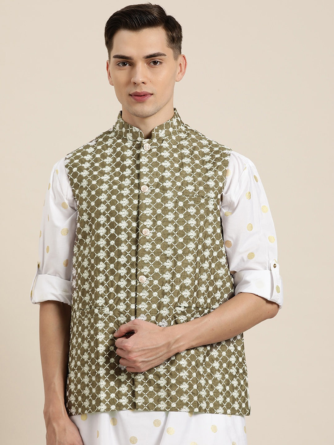 Men's Silk Blend Olive Embroidered Only Nehrujacket - Sojanya