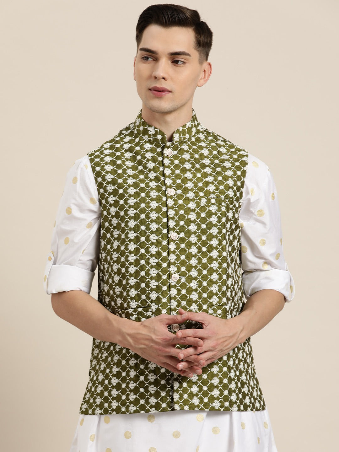 Men's Silk Blend Dark Green Embroidered Only Nehrujacket - Sojanya