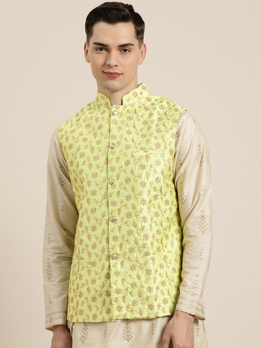 Men's Silk Blend Lime Green & Gold Embroidered Only Nehrujacket - Sojanya