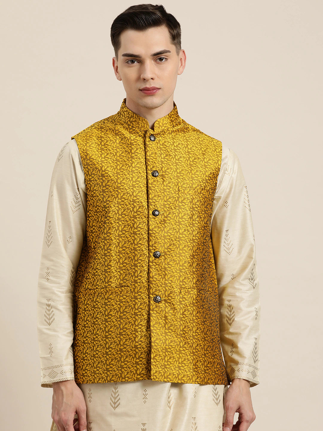 Men's Jacquard Silk Mustard Self Design Only Nehrujacket - Sojanya