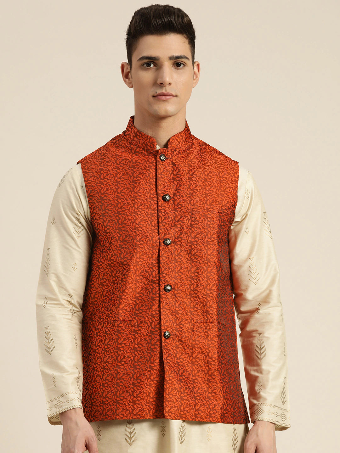 Men's Jacquard Silk Orange Self Design Only Nehrujacket - Sojanya