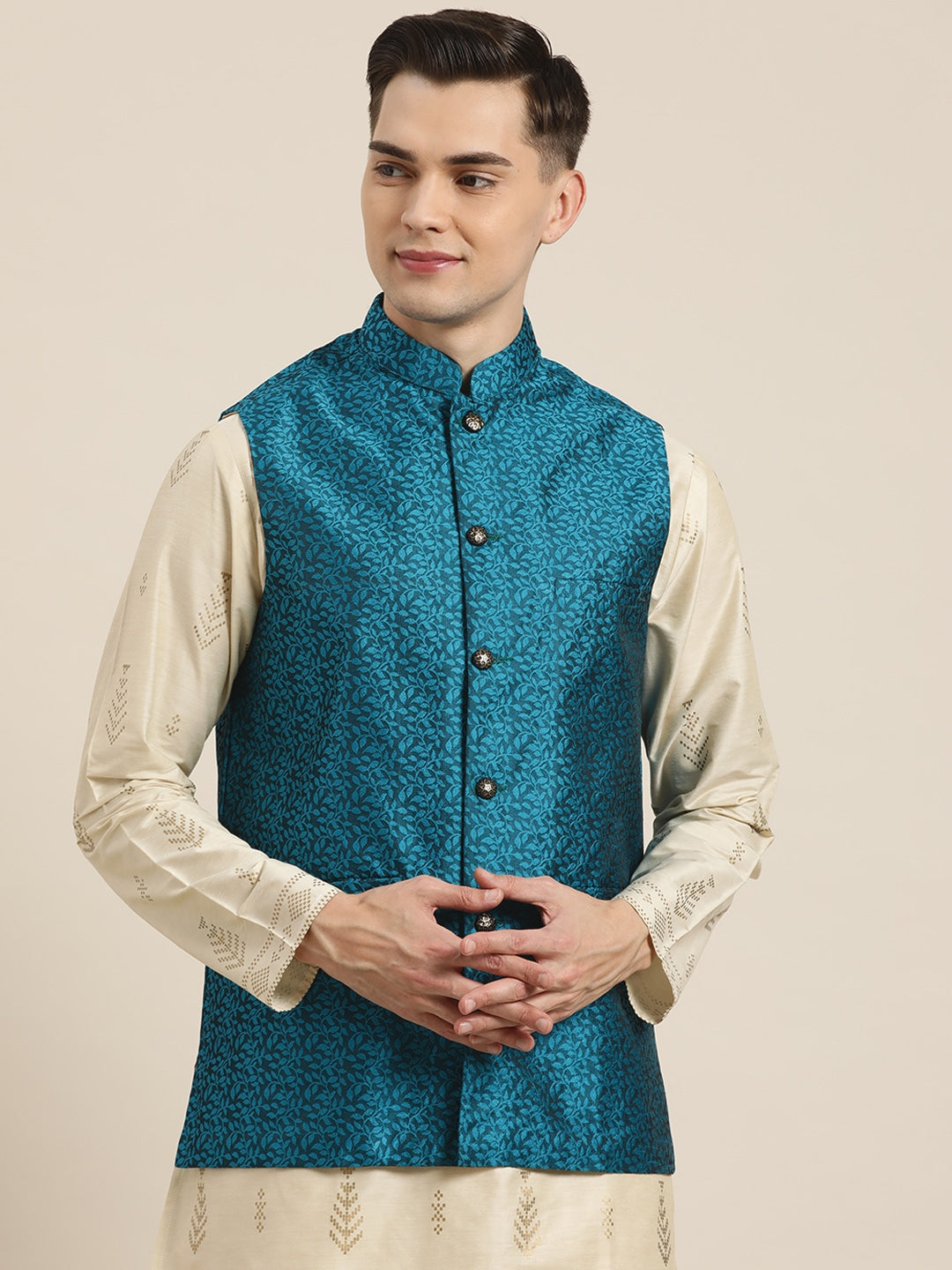 Men's Jacquard Silk Turquoise Blue Self Design Only Nehrujacket - Sojanya