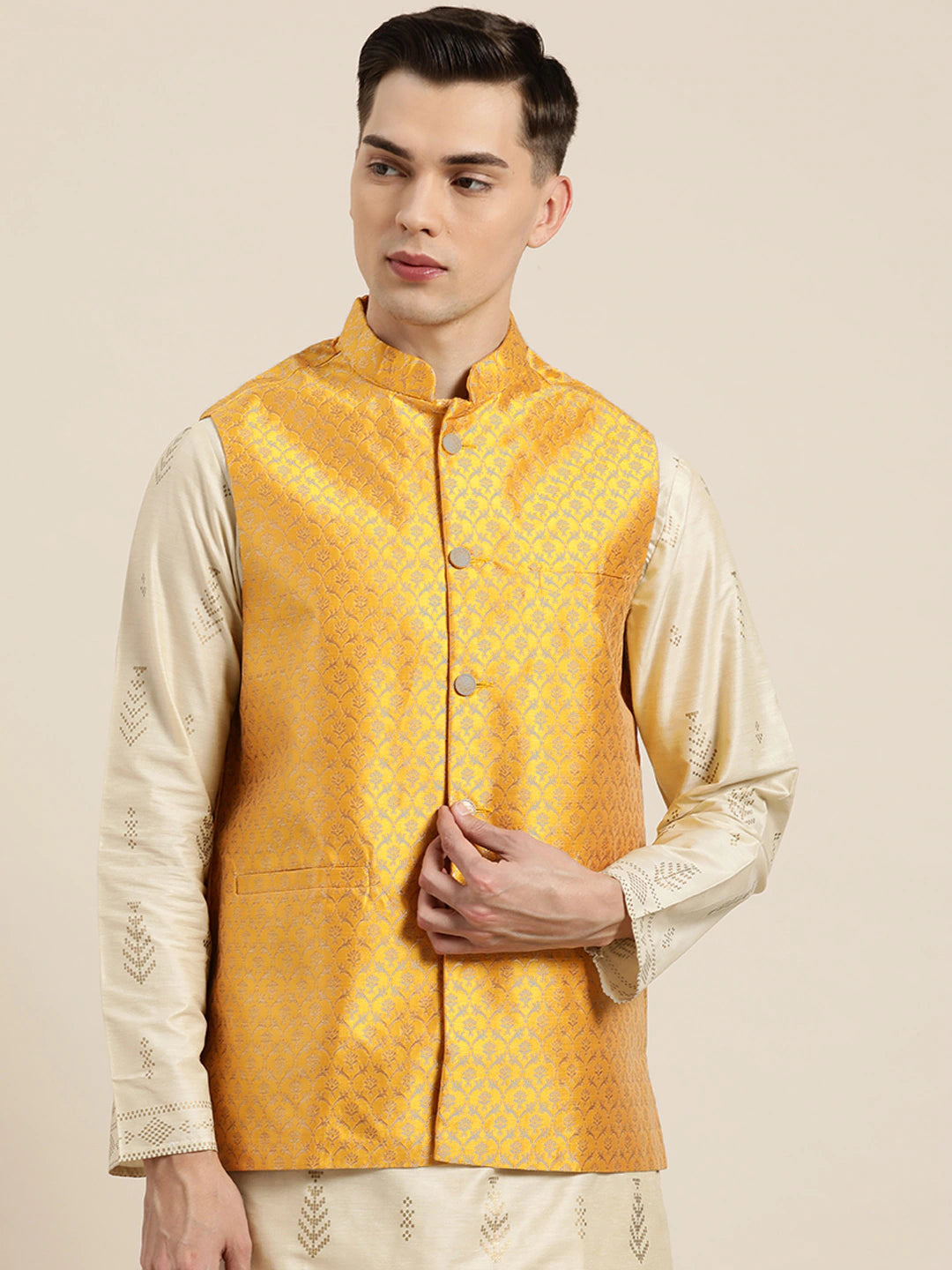 Men's Silk Blend Mustard & Gold Self Design Only Nehrujacket - Sojanya