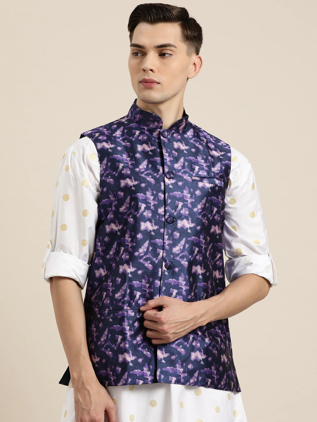 Men's Silk Blend Navy Blue Printed Only Nehrujacket - Sojanya