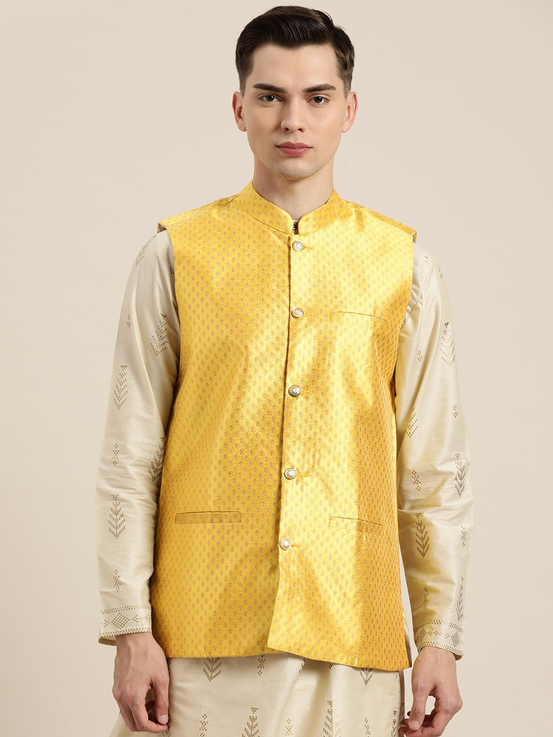 Men's Silk Blend Maroon & Gold Self Design Only Nehrujacket - Sojanya