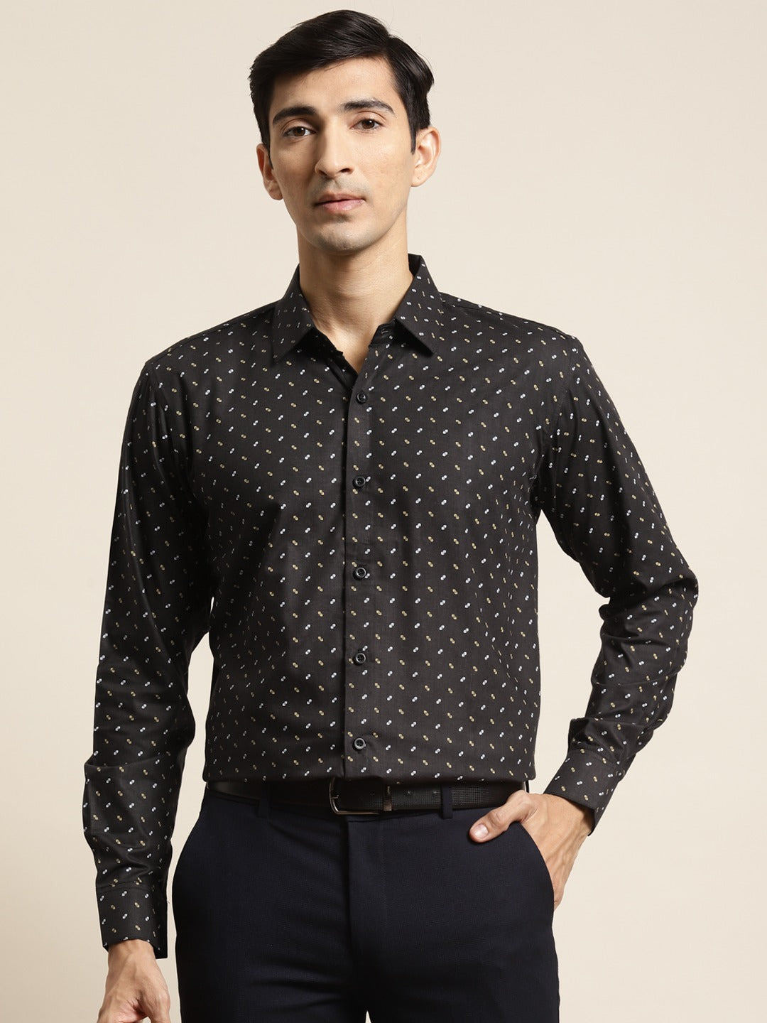 Men's Cotton Black Printed Formal Shirt - Sojanya