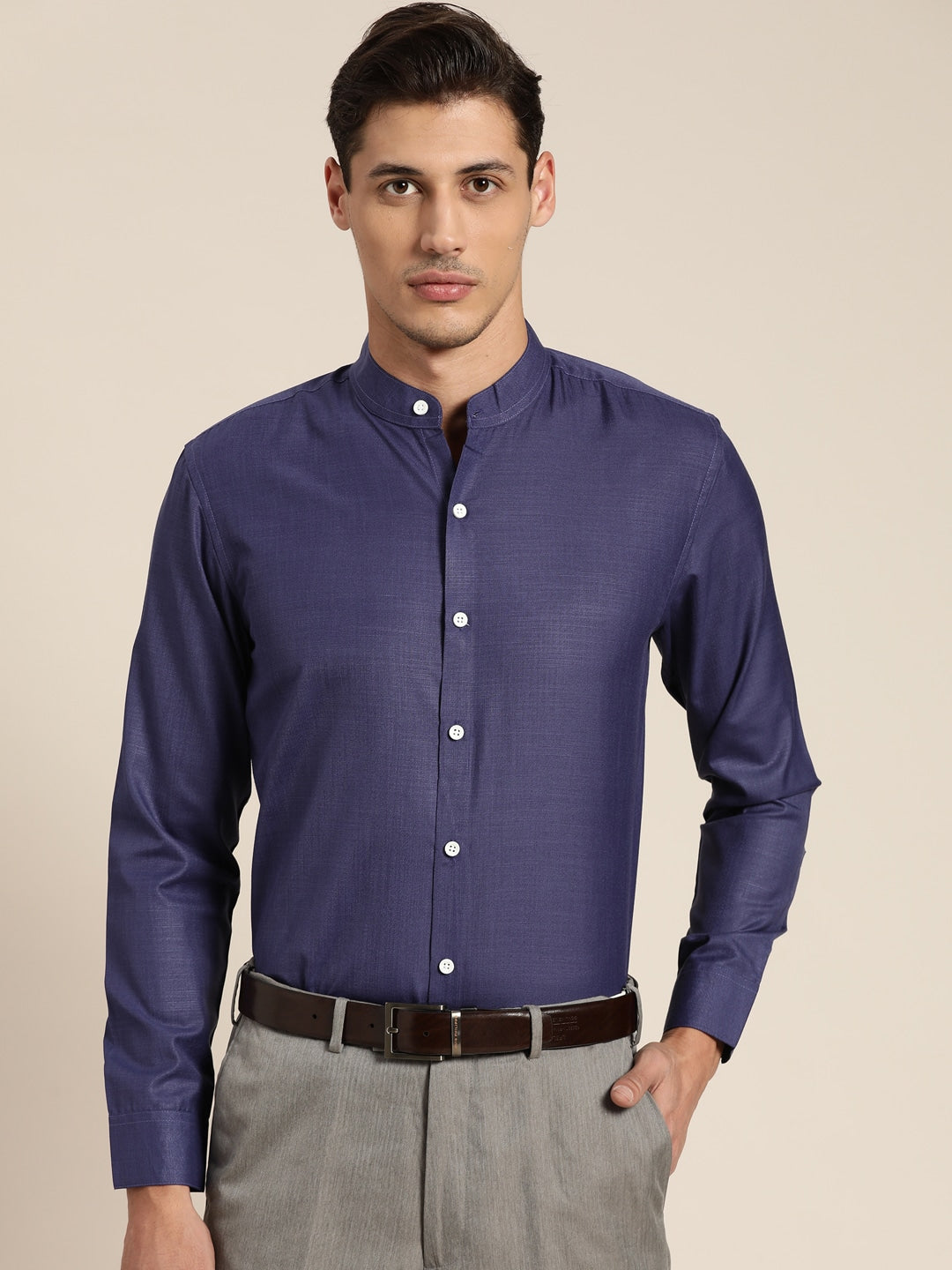 Men's Cotton Navy Blue Chinese Collar Formal Shirt - Sojanya