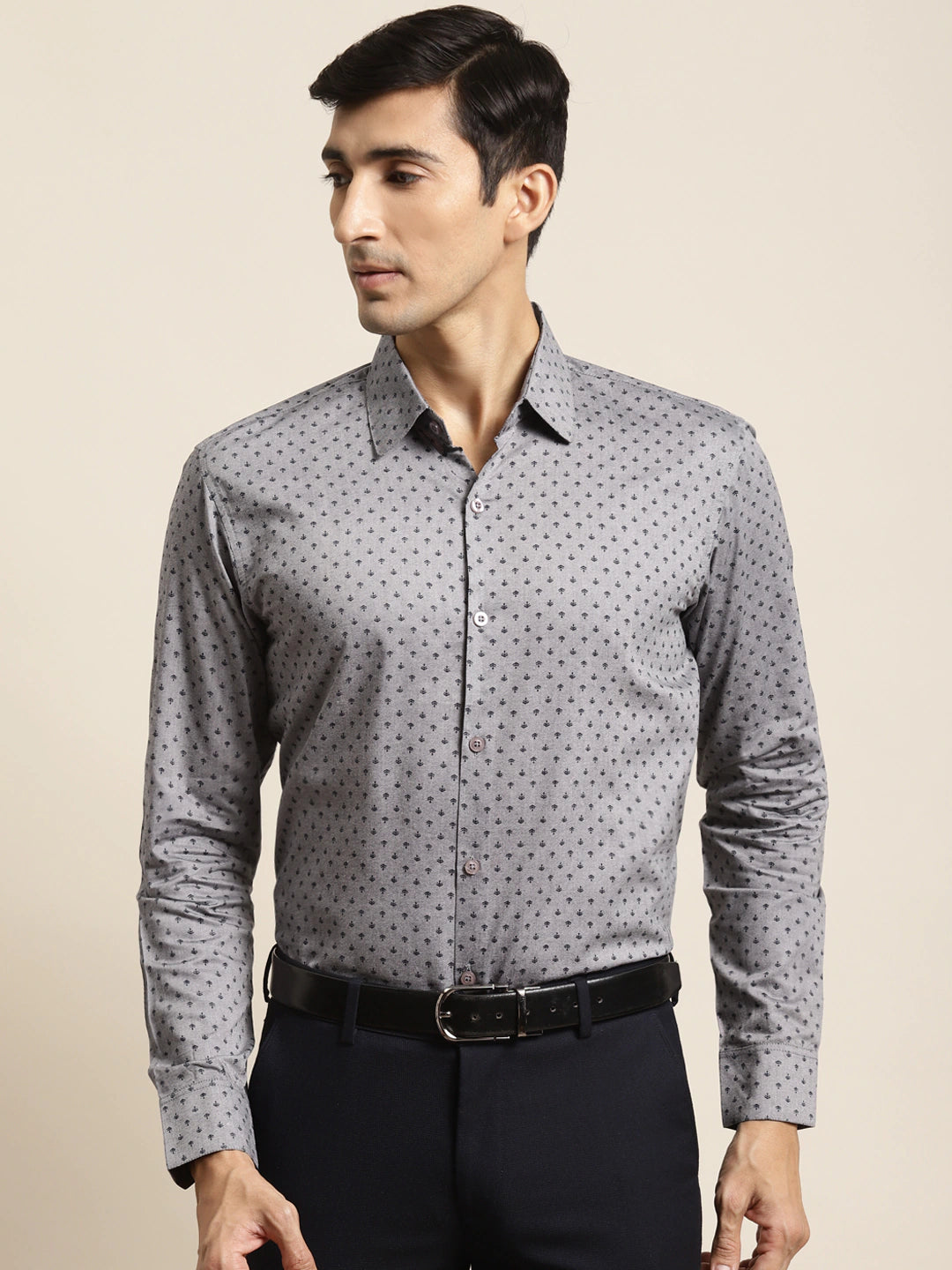 Men's Cotton Grey & Black Printed Formal Shirt - Sojanya