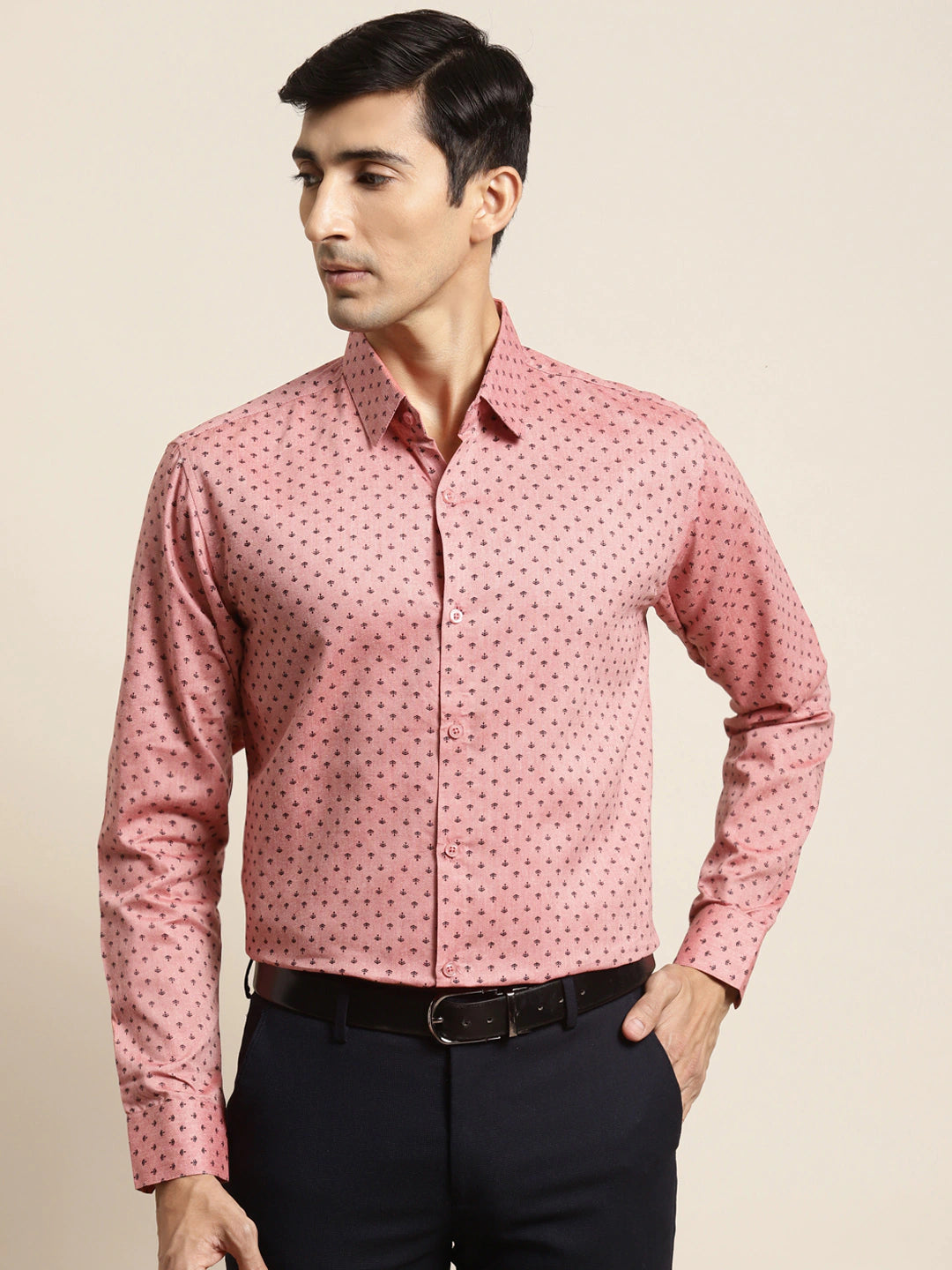 Men's Cotton Coral Red & Black Printed Formal Shirt - Sojanya