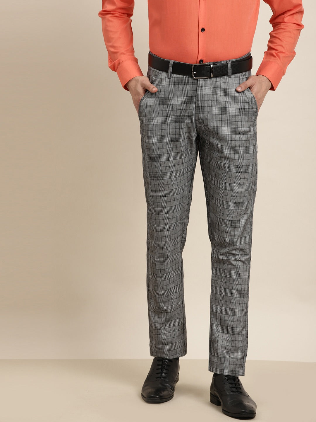 Men's Cotton Blend Black & Off White Checked Formal Trousers - Sojanya