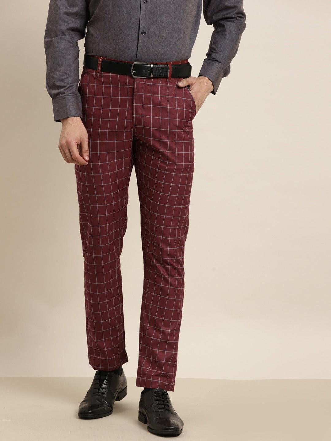 Men's Cotton Blend Maroon & Blue Checked Formal Trousers - Sojanya