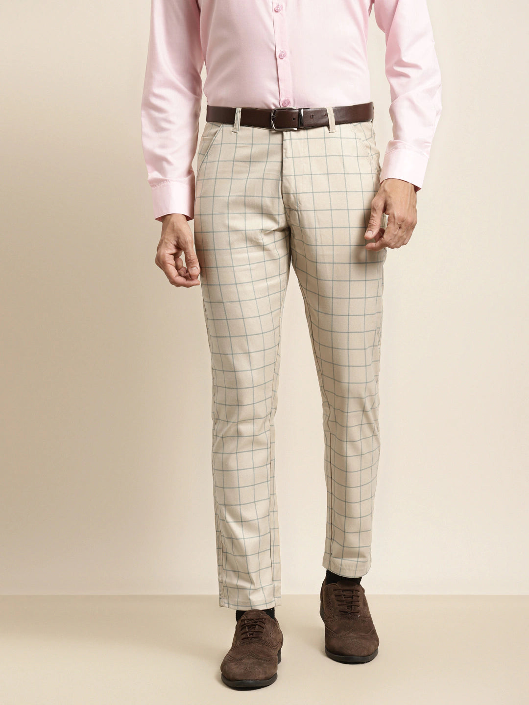 Men's Cotton Blend Beige & Green Checked Formal Trousers - Sojanya