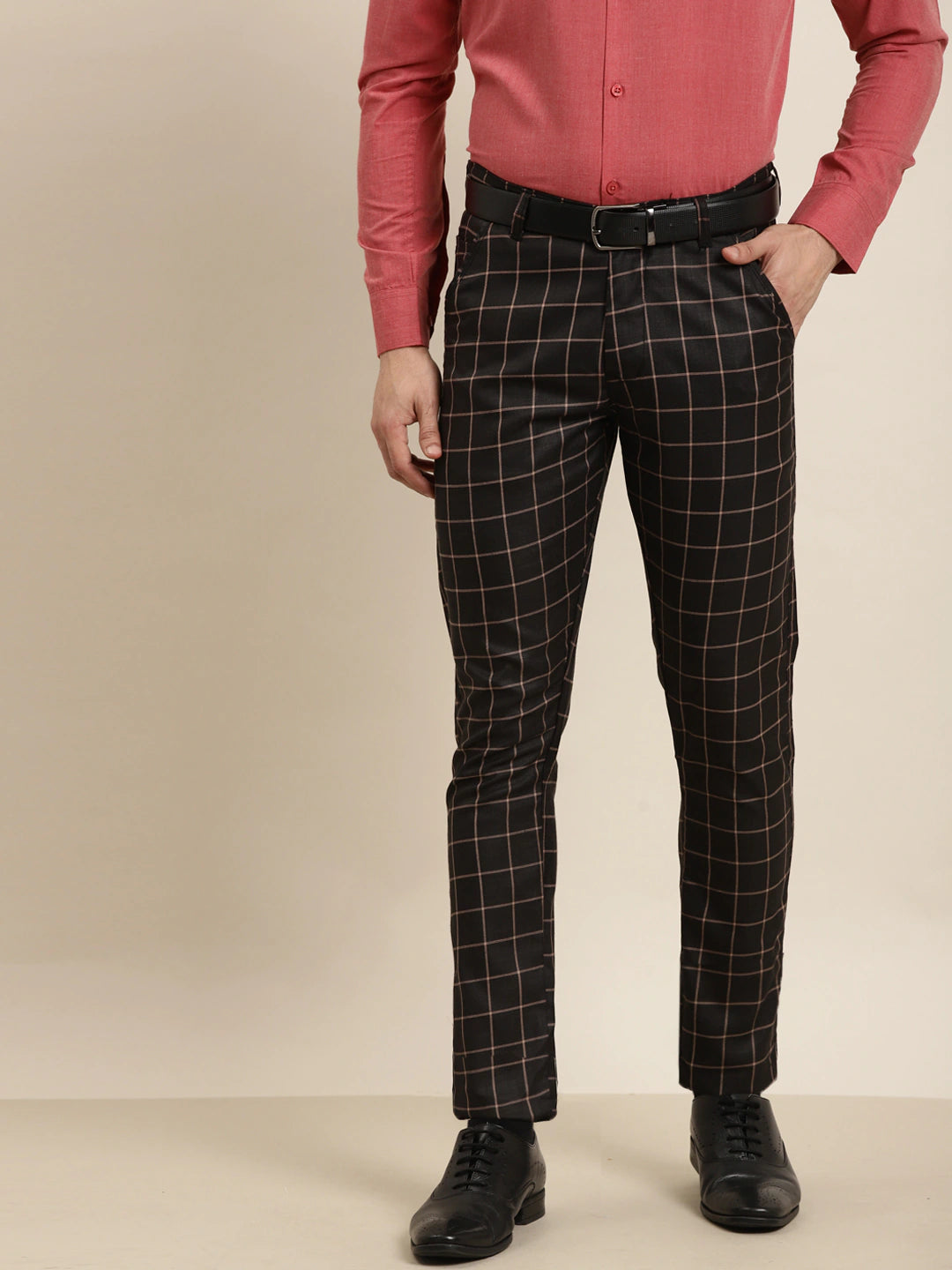 Men's Cotton Blend Black & Beige Checked Formal Trousers - Sojanya