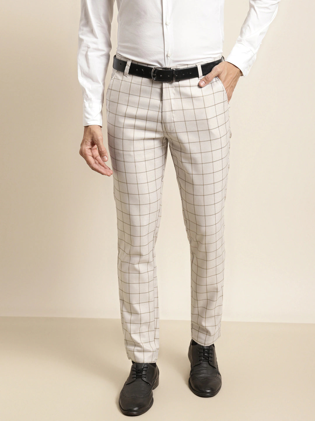 Men's Cotton Blend Light Beige & Green Checked Formal Trousers - Sojanya