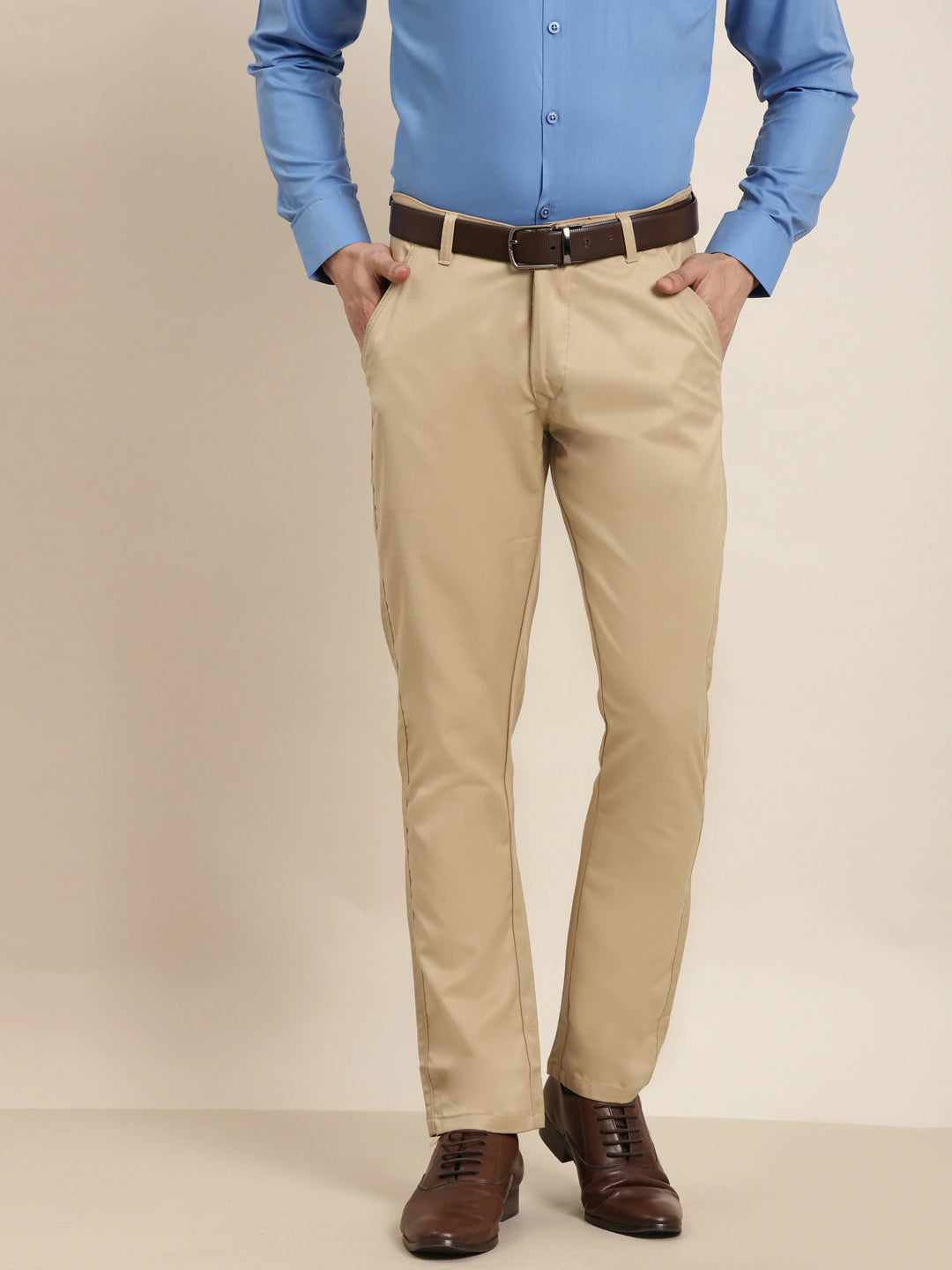 Men's Cotton Blend Khaki Solid Casual Trousers - Sojanya