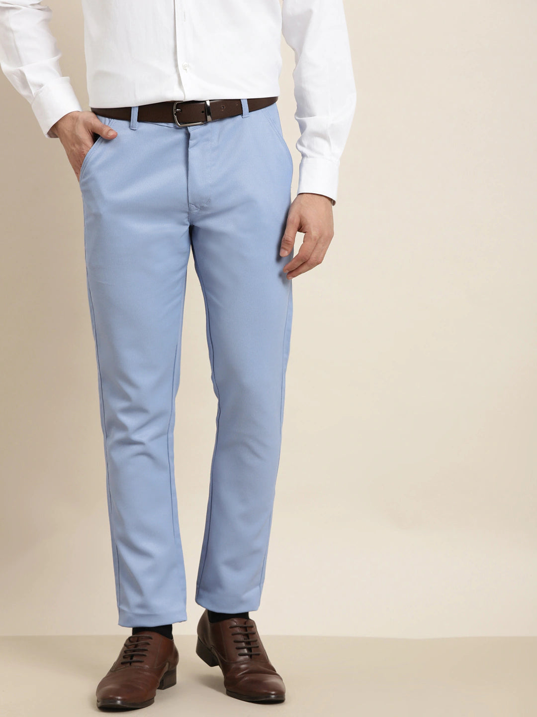 Men's Cotton Blend Blue Woven Design Formal Trousers - Sojanya