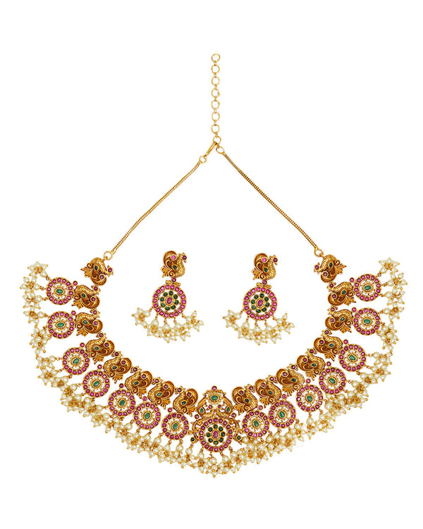 Women's Round Cut Gems And Faux Pearls Embellished Brass Ethnic Gold Toned Jewellery Set - Voylla